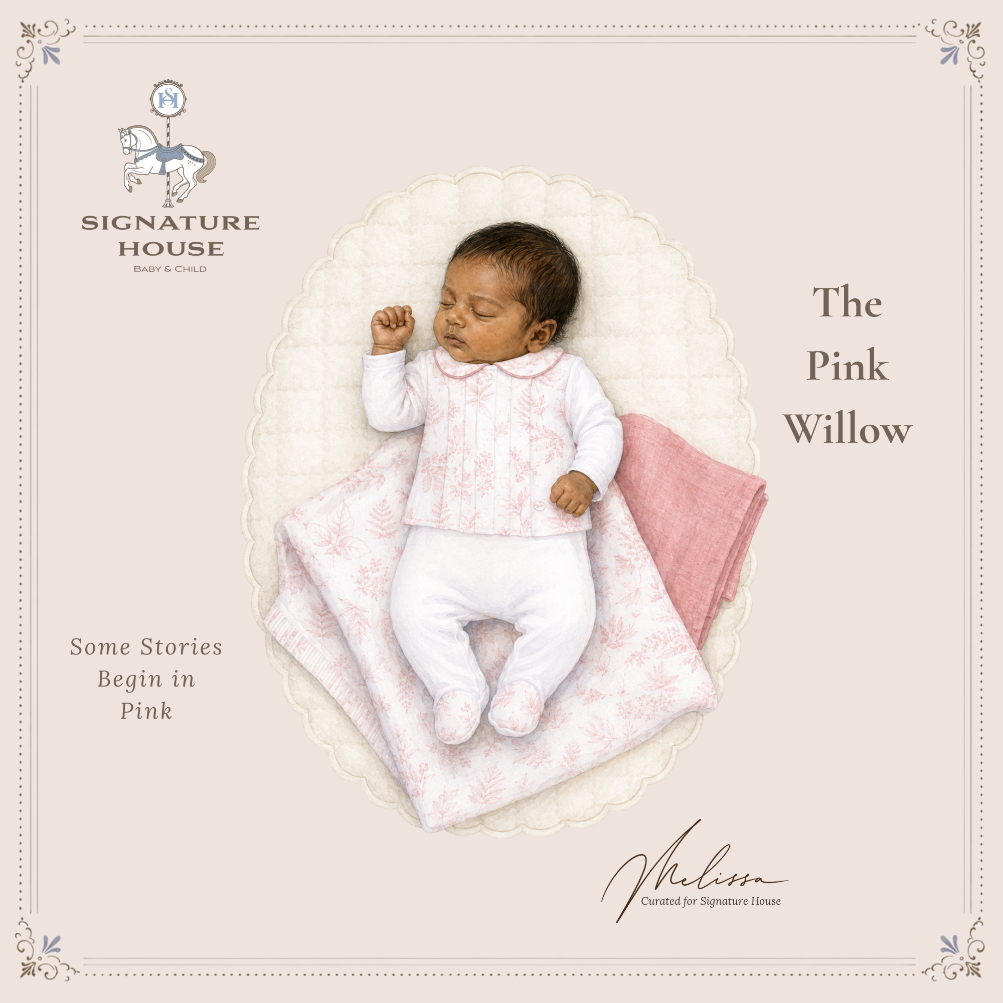 A baby wearing a white footed outfit with a light pink floral patterned vest and matching blanket, lying on a pink blanket. The image is presented as a product card for 'The Pink Willow' by Signature House, with decorative borders and text on a pale pink background.