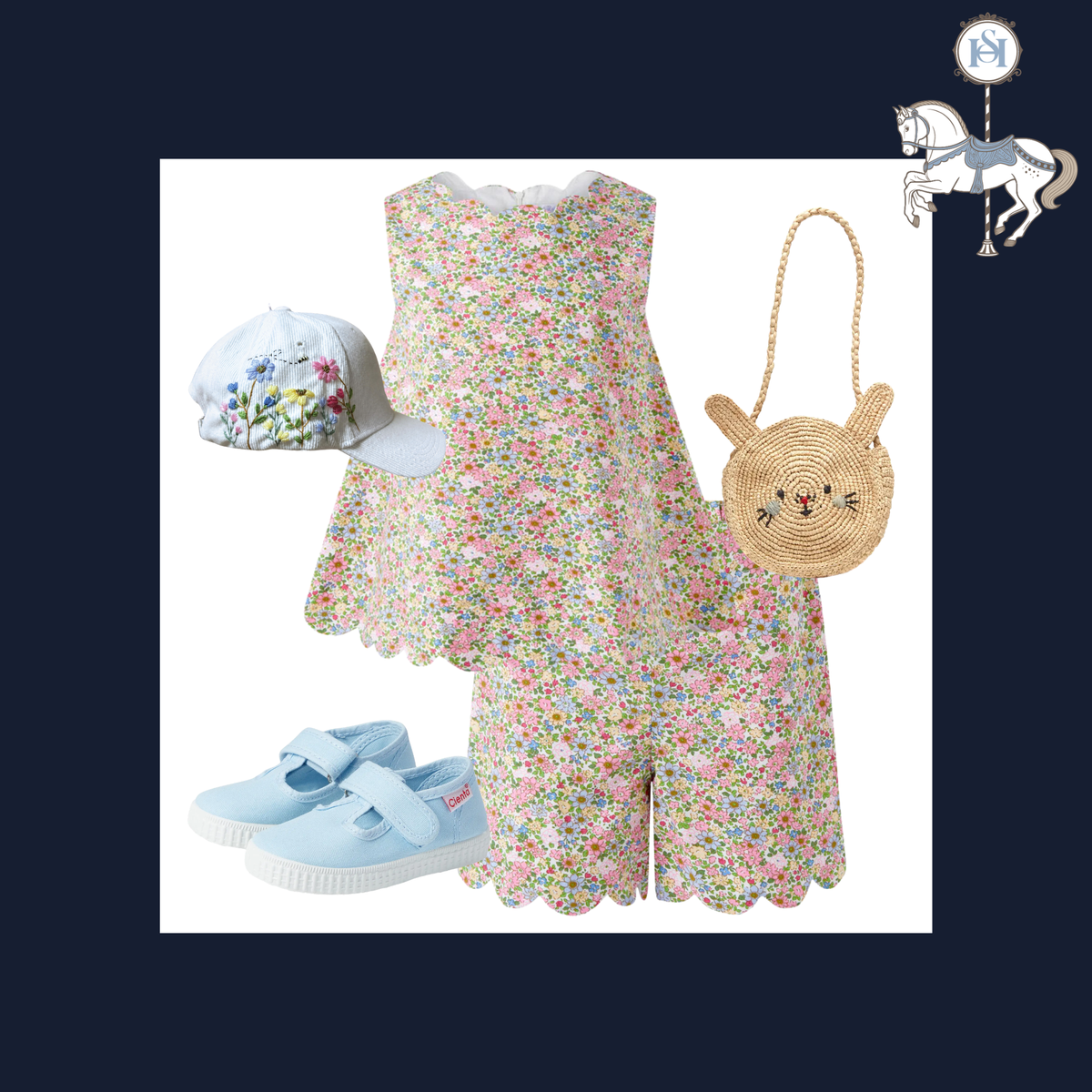 A children's outfit set featuring a sleeveless floral romper in pink, yellow, and green, a white baseball cap with a floral print, light blue slip-on shoes, and a round woven straw bag with a bunny face and chain strap, all arranged on a white background with a dark navy border.