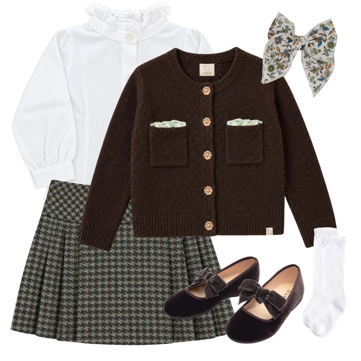 THE ALESSANDRA | Girl Peacock & Mocha Skirt & Cardigan Ensemble