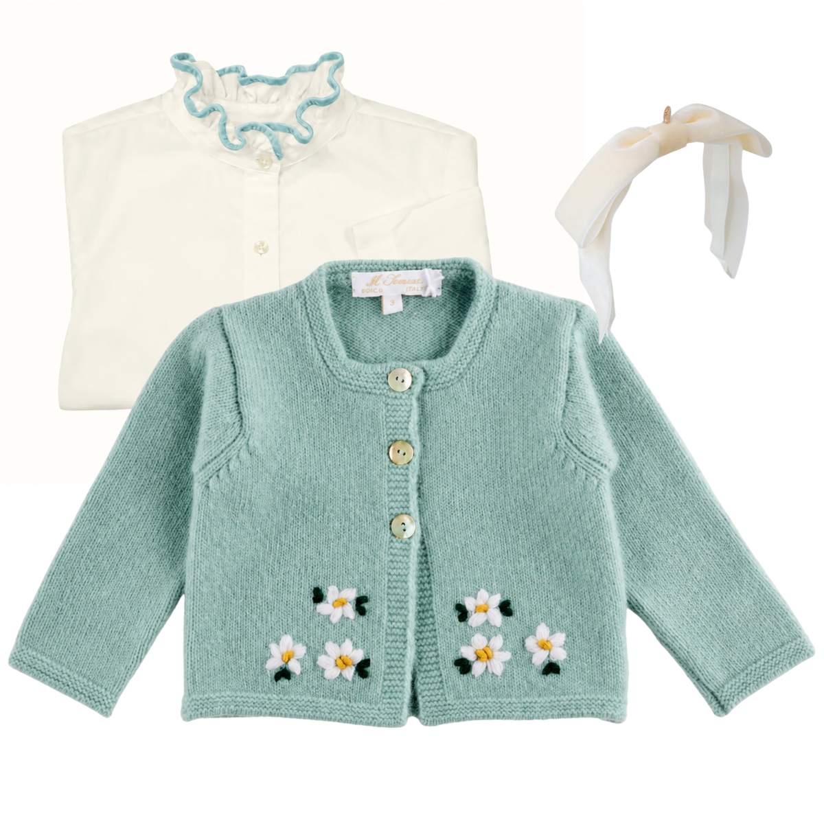 THE ALPINE BLOOM | Baby Girl Aqua Embroidered Cardigan & Blouse Trio