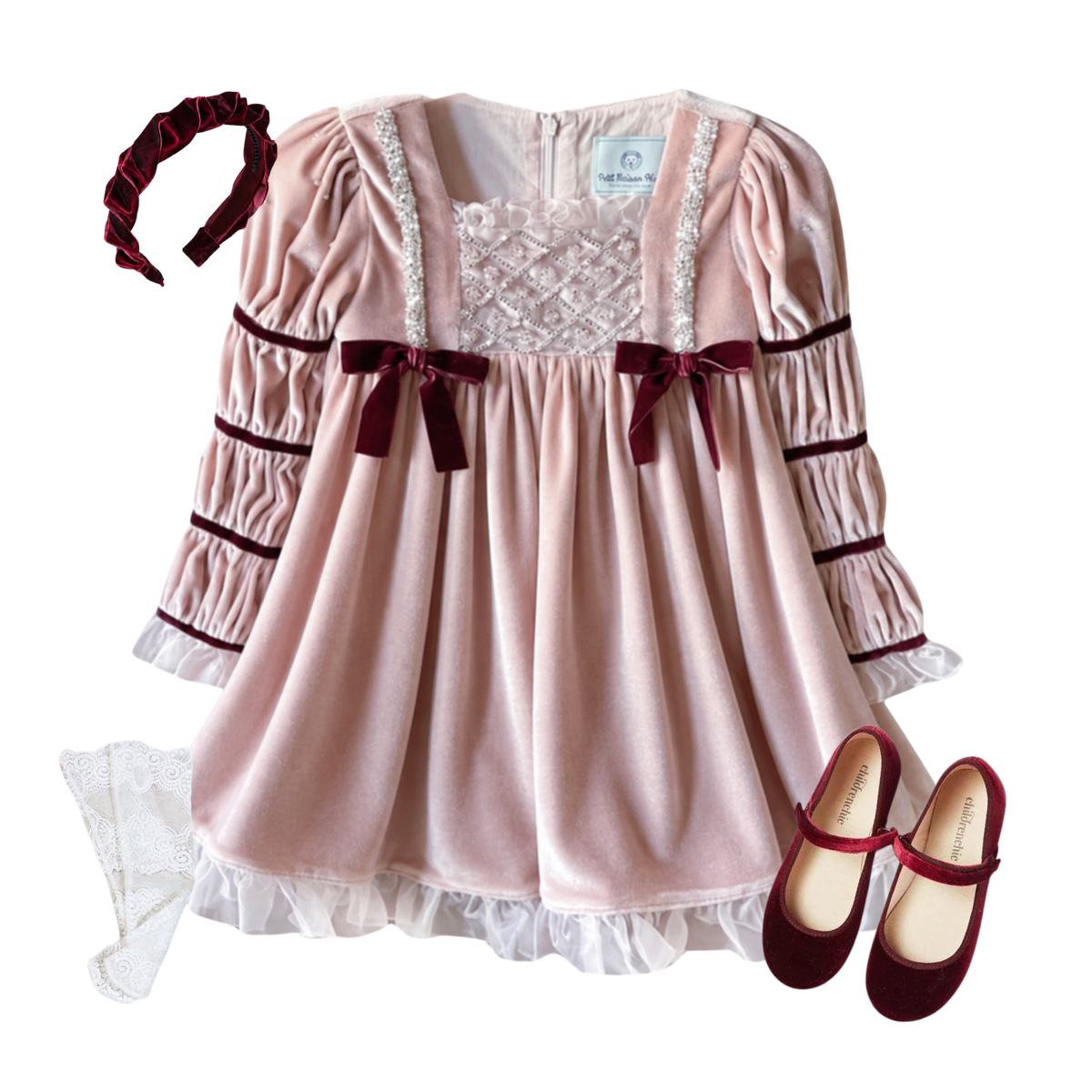 The Verona Rose girls' pink velour dress ensemble with burgundy bows, burgundy velvet headband, white lace socks, and burgundy velvet Mary Janes