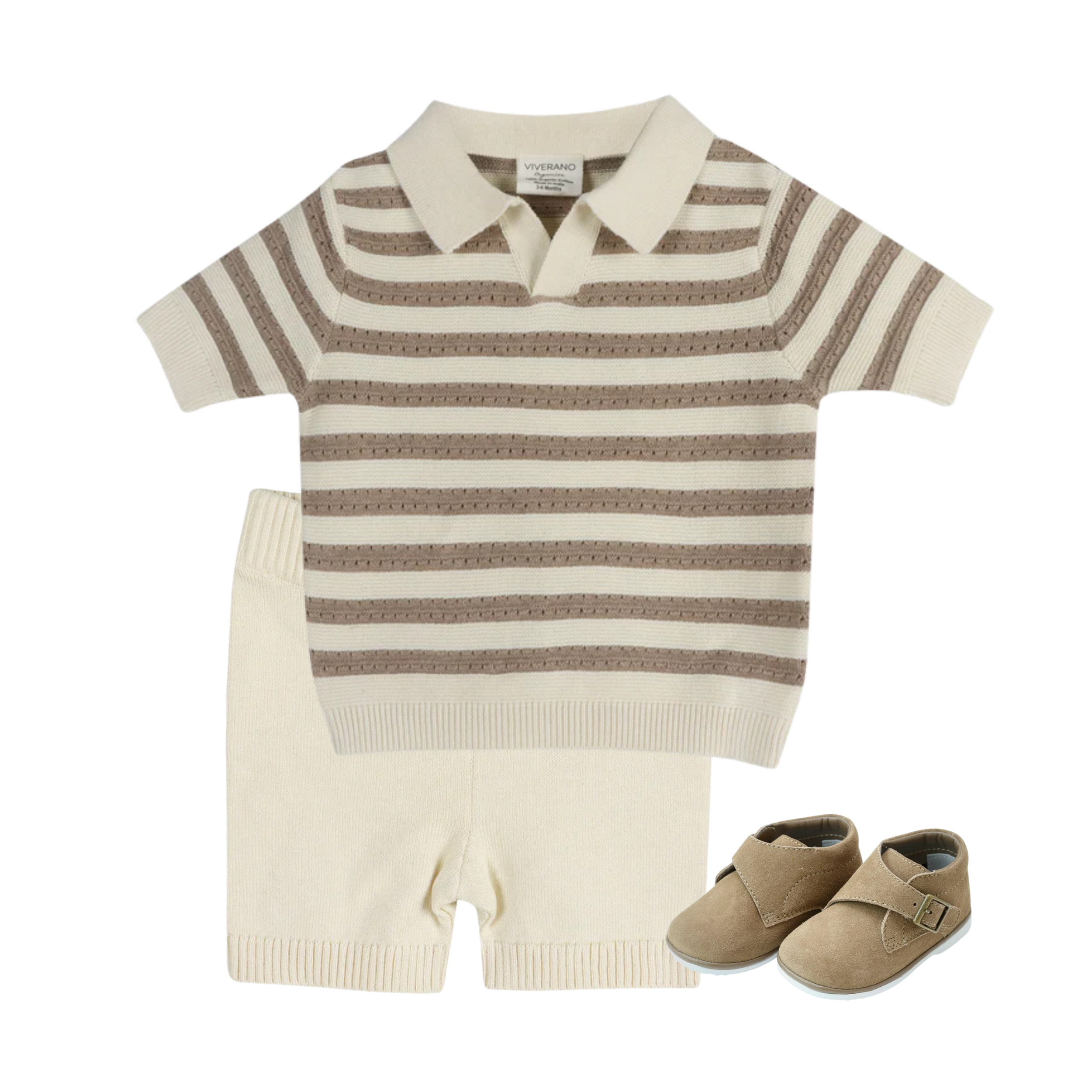 A baby boy's three-piece knit outfit set featuring a short-sleeve polo shirt with brown and cream horizontal stripes, matching cream knit shorts, and a pair of tan baby shoes, laid out on a solid white background.