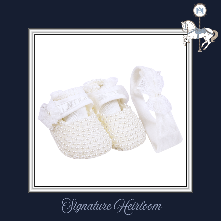 WHITE PEARL SLIPPERS & HEADBAND NEWBORN GIRL| Nº 3 Baby & Child