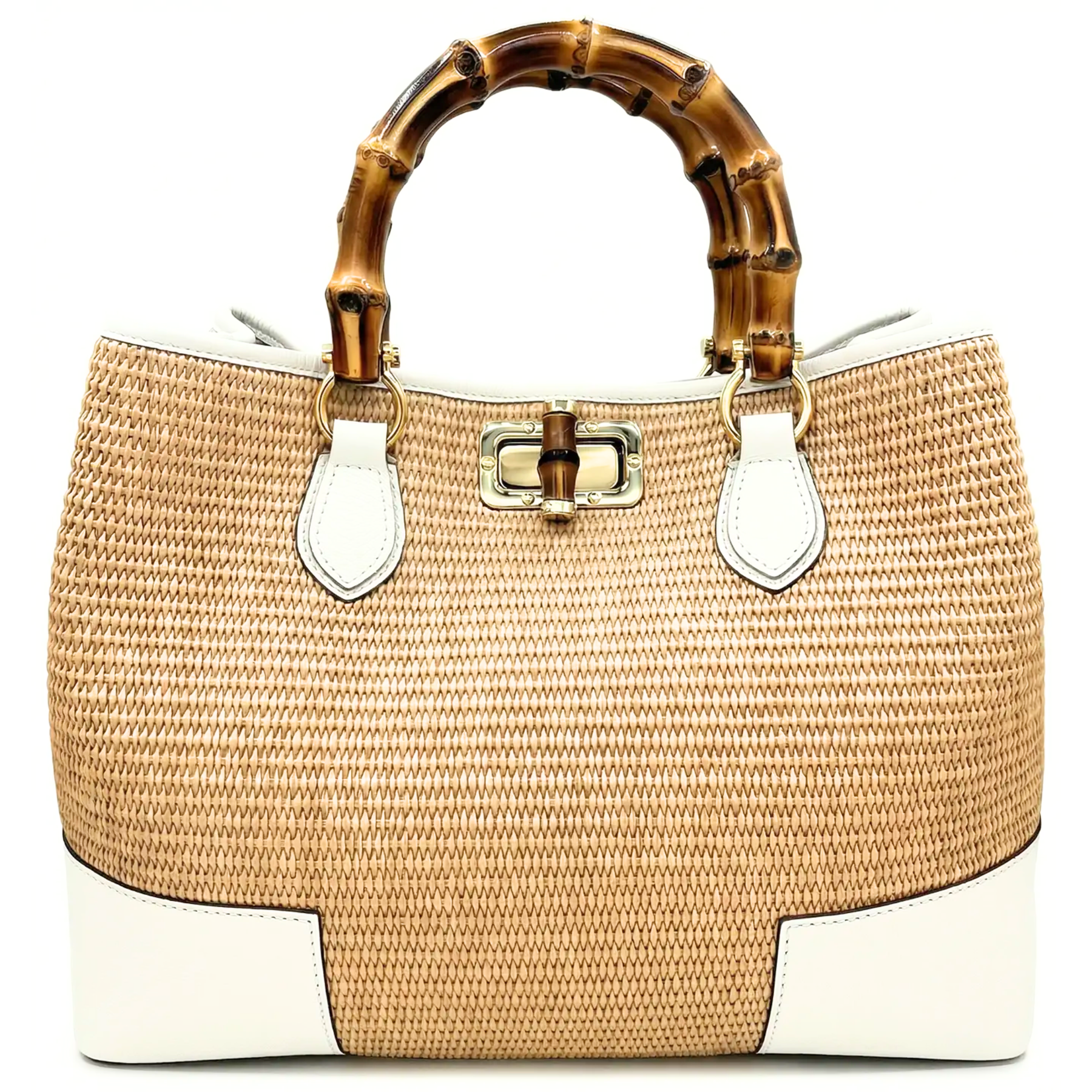 THE WOVEN BAG WHITE LEATHER, RAFFIA & BAMBOO | Signature House