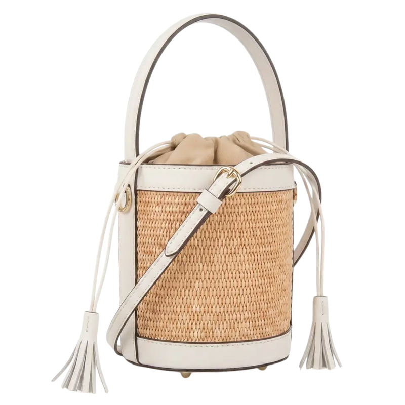THE BUCKET BAG WHITE LEATHER & RAFFIA