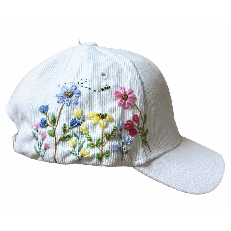 White Embroidered Wildflower Bee Cap