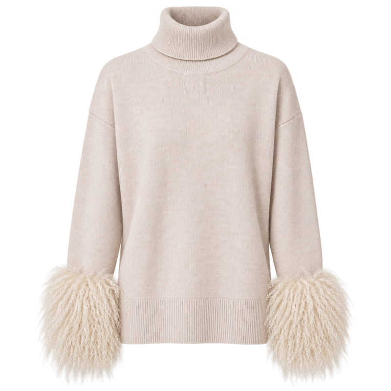 Beige Wool Cuff Turtleneck Sweater